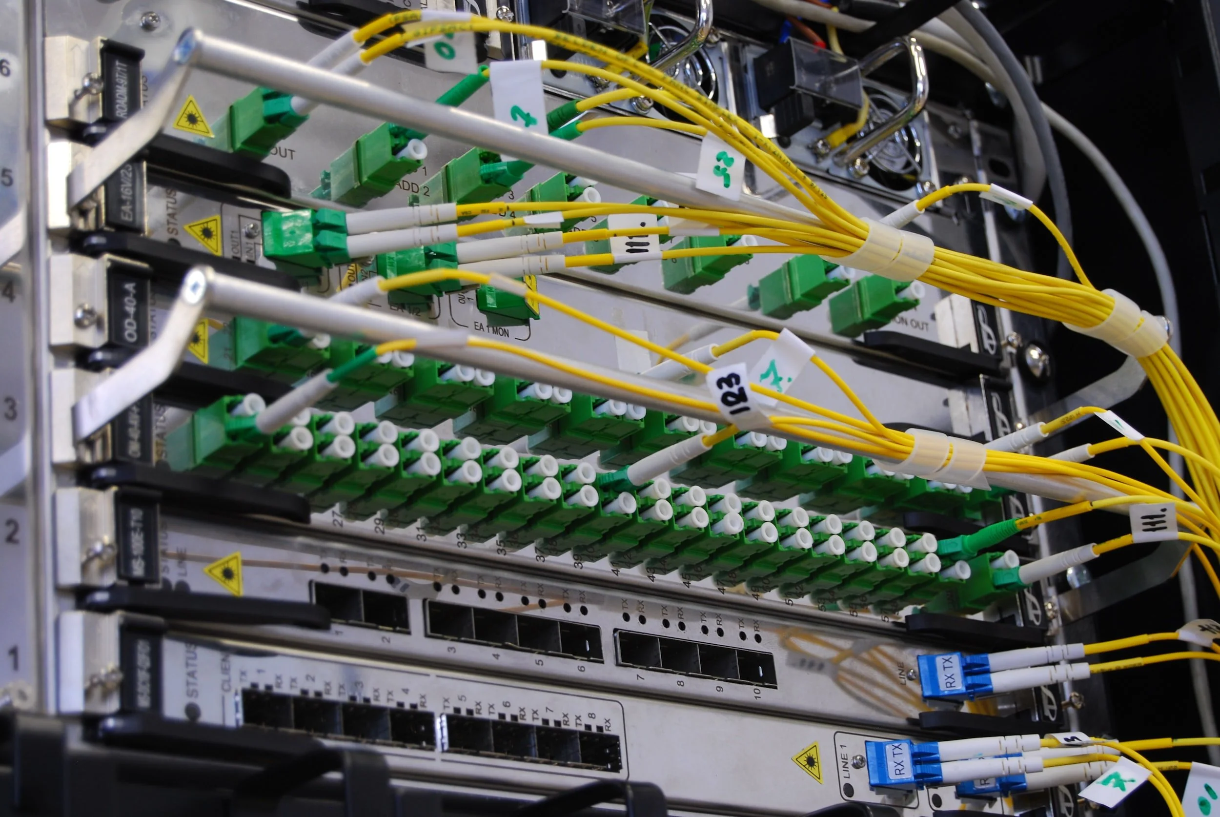 Post production server rack with fiber optic network infrastructure in Toronto facility